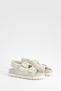 Boohoo Brede Bouclé Dad Sandalen, Cream