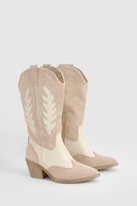 Boohoo Contrast Panel Knee High Western Boots, Beige