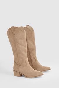 Boohoo Tab Detail Knee High Western Boots, Beige