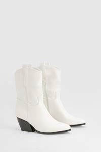 Boohoo Tab Detail Calf High Western Boots, White