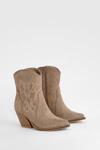 Boohoo Embroidered Calf High Western Boots 1, Tan