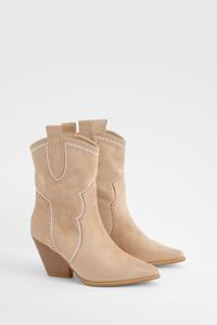 Boohoo Cowboy Enkellaarsjes Met Studs En Puntneus, Sand