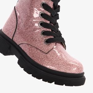 TwoDay leren dames veterboots roze glitters