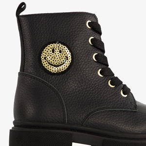 TwoDay leren meisjes veterboots zwart met smiley