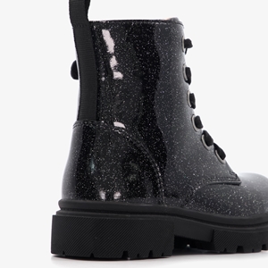 TwoDay leren meisjes veterboots met glitter zwart