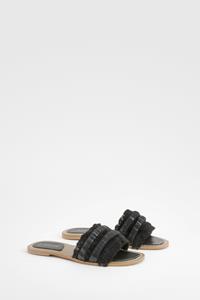 Boohoo Geborduurde Canvas Slippers Met Kwastjes, Black