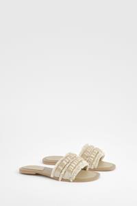 Boohoo Geborduurde Canvas Slippers Met Kwastjes, Cream