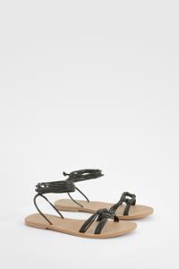 Boohoo Brede Leren Wikkel Sandalen, Black