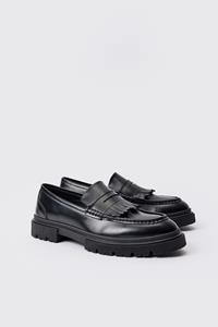 Boohoo Zwarte Pu Loafers Met Dikke Zolen En Kwastjes, Black