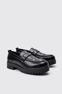 Boohoo Zwarte Pu Loafers Met Metalen Ringetjes, Black