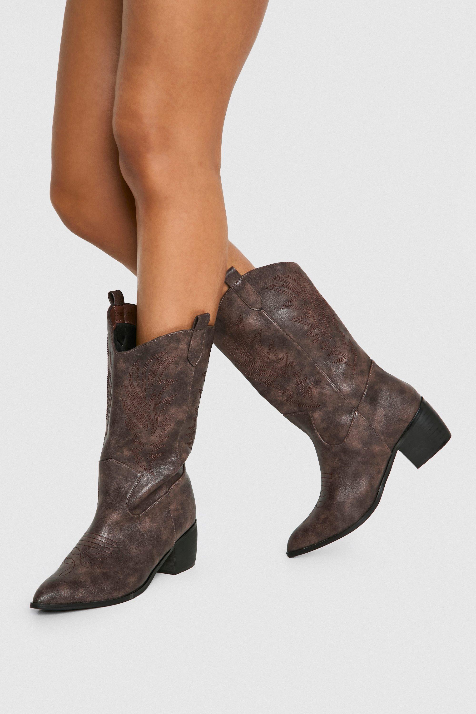 Boohoo Brede Cowboy Enkellaarzen Met Vintage Look Tab, Brown