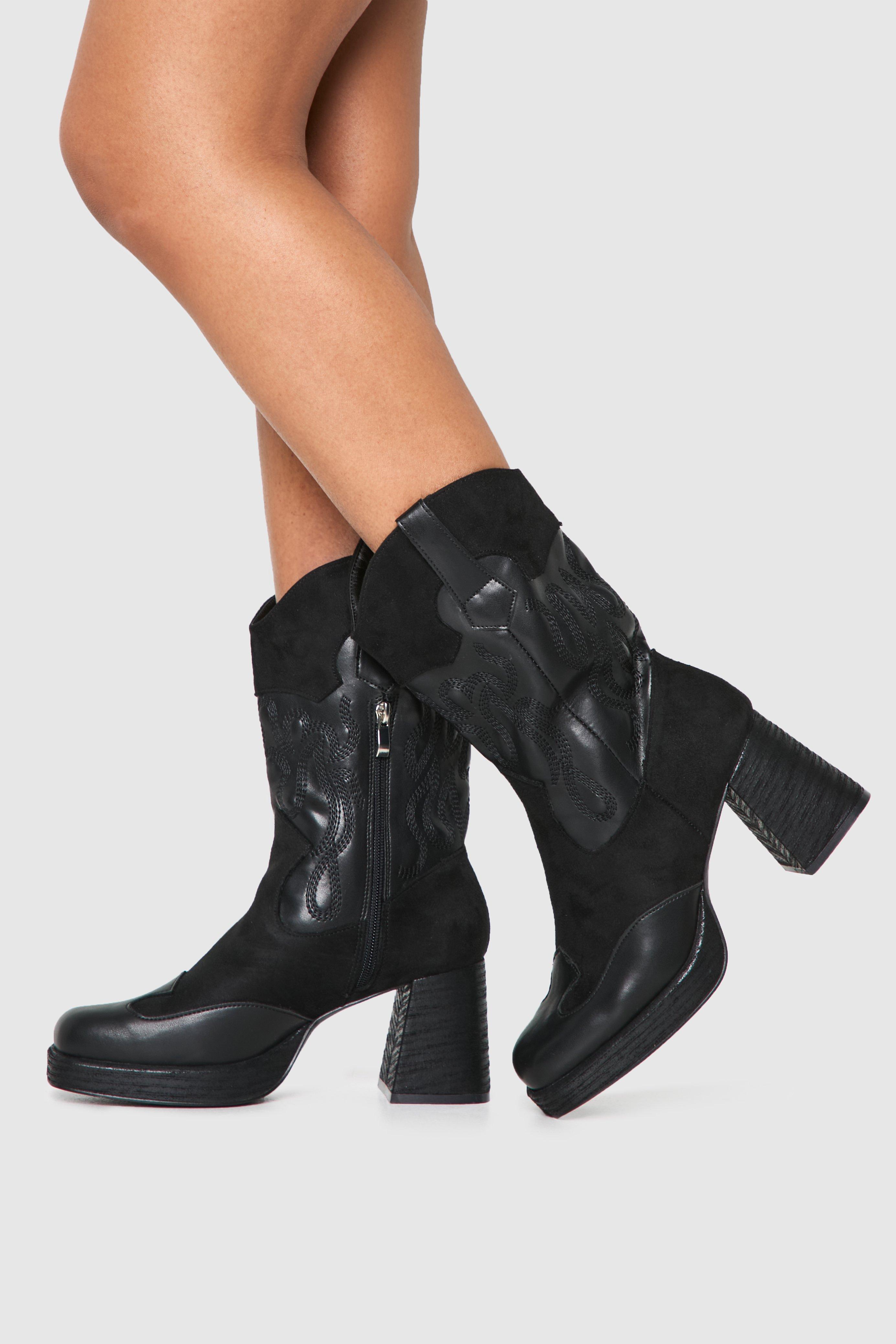 Boohoo Dikke Western Laarzen Met Plateauzool En Hakken, Black