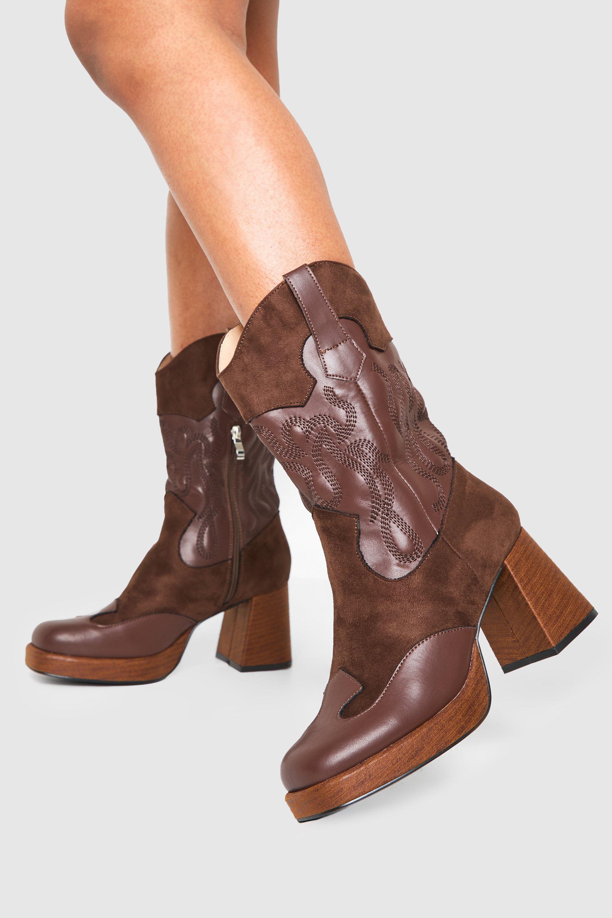 Boohoo Dikke Western Laarzen Met Plateauzool En Hakken, Chocolate