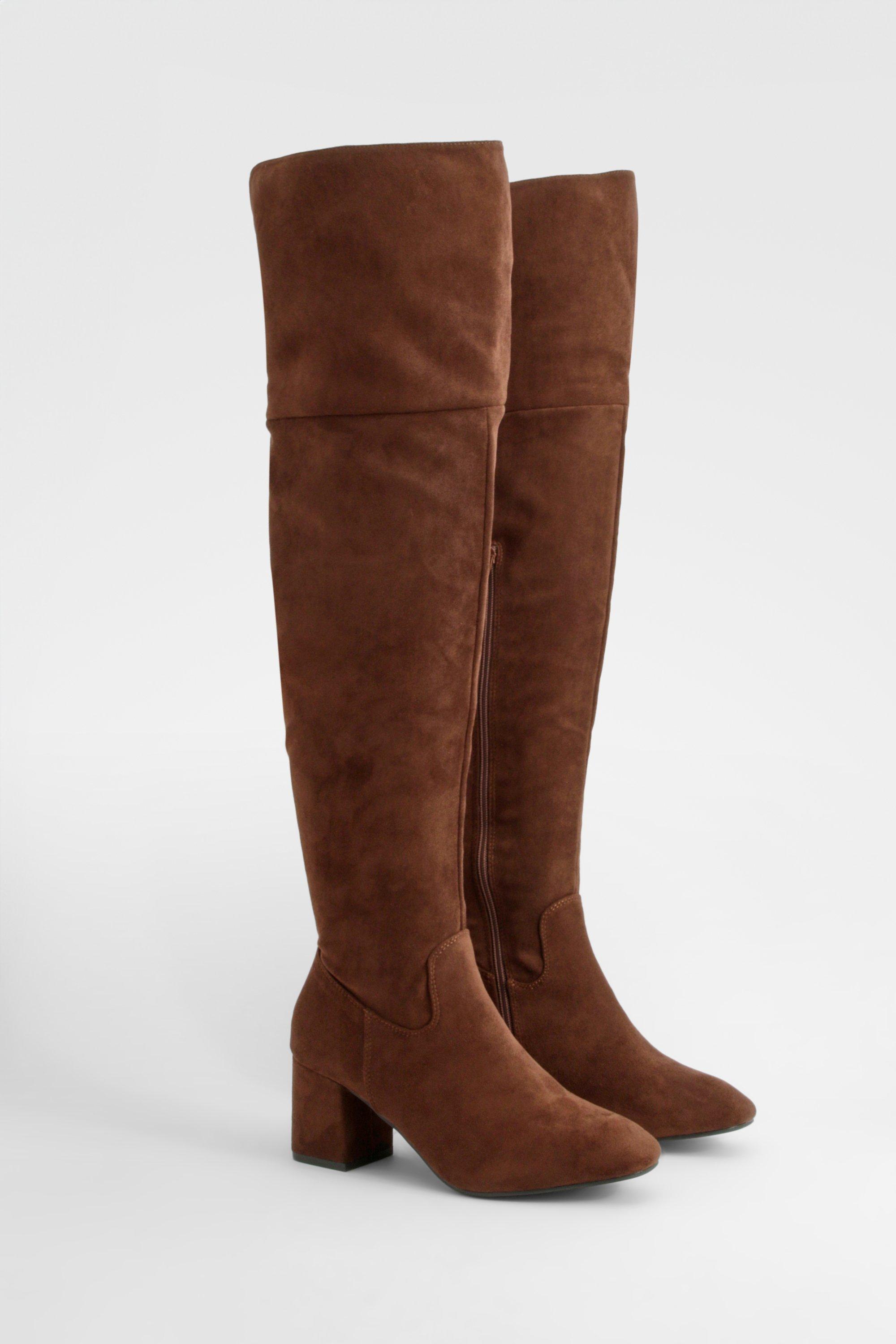 Boohoo Overknee Laarzen Met Blokhakken, Chocolate