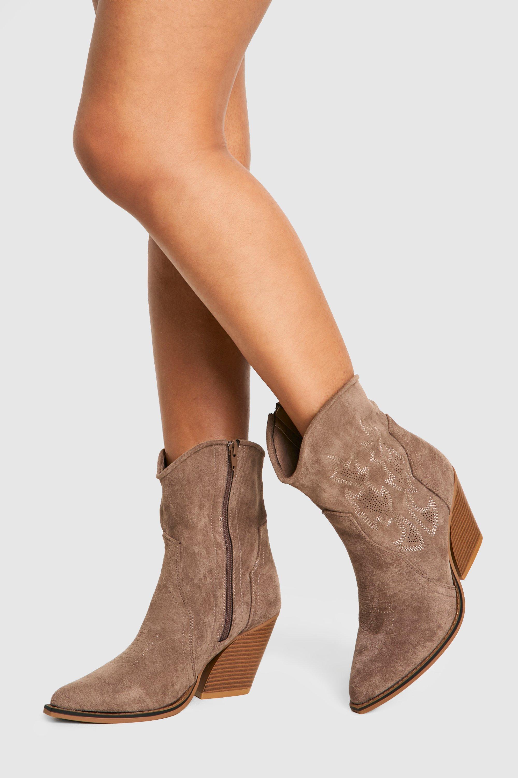 Boohoo Geborduurde Western Enkellaarsjes, Taupe