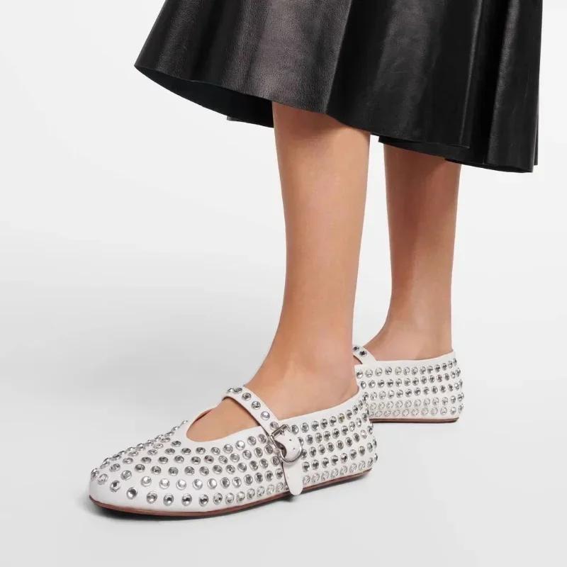 Fashion footsteps Dames Strass Klinknagel Enkel Schoenen dames Nieuwe Ronde Neus Holle Riem Gesp Comfortabele Platte Dans Ballet Mary Jane Schoenen