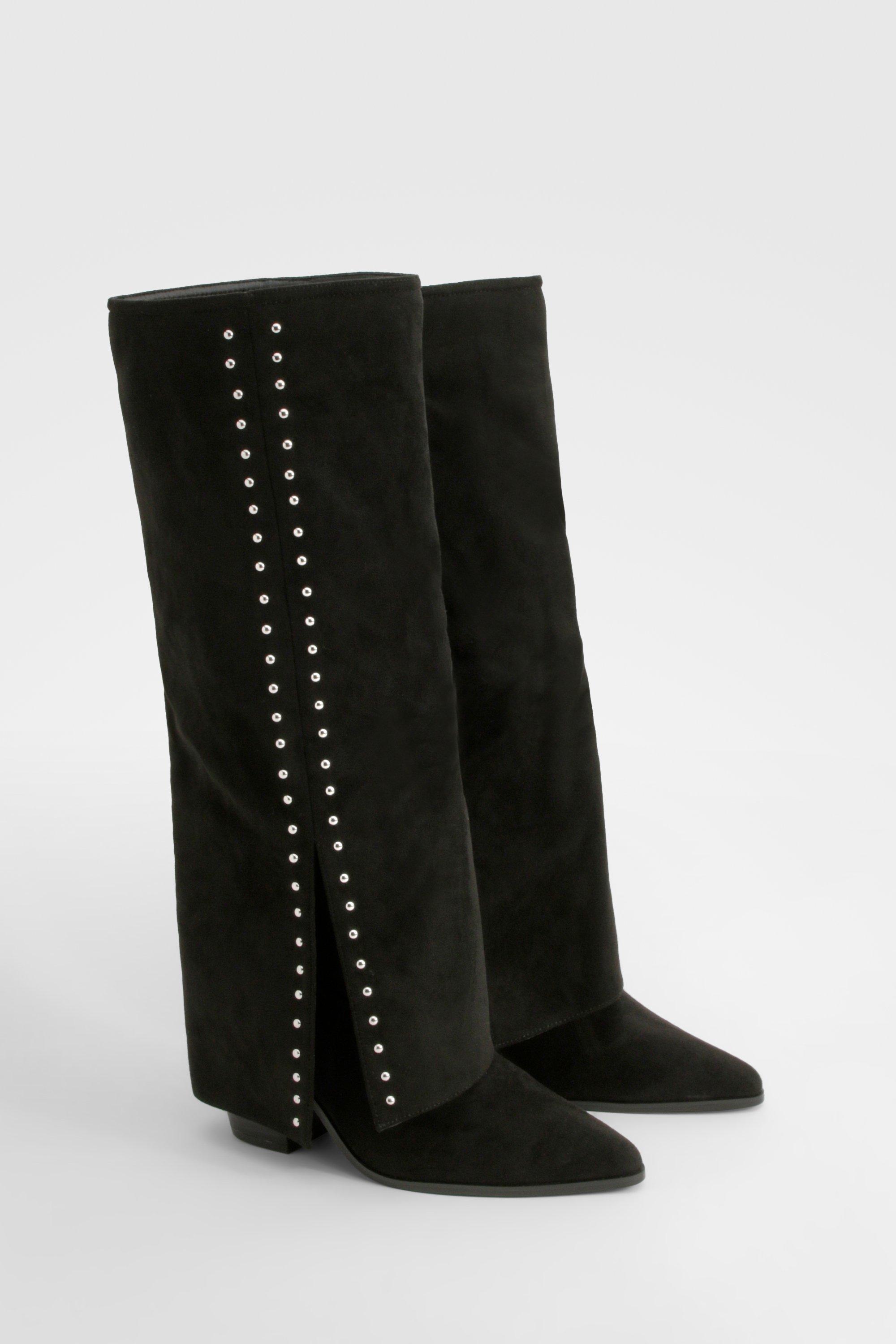 Boohoo Brede Gevouwen Western Laarzen Met Studs, Black