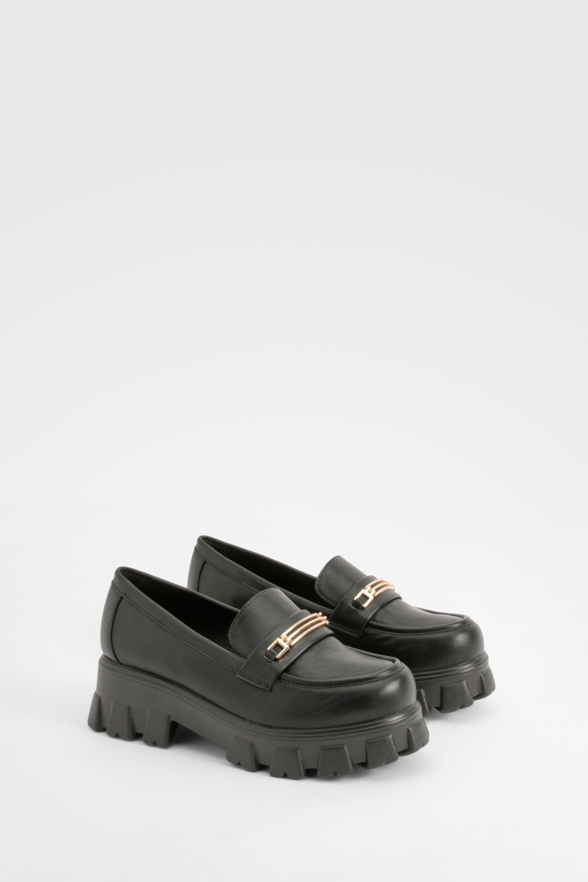 Boohoo Brede Loafers Met Dikke Geribbelde Zool En T-Bar, Black