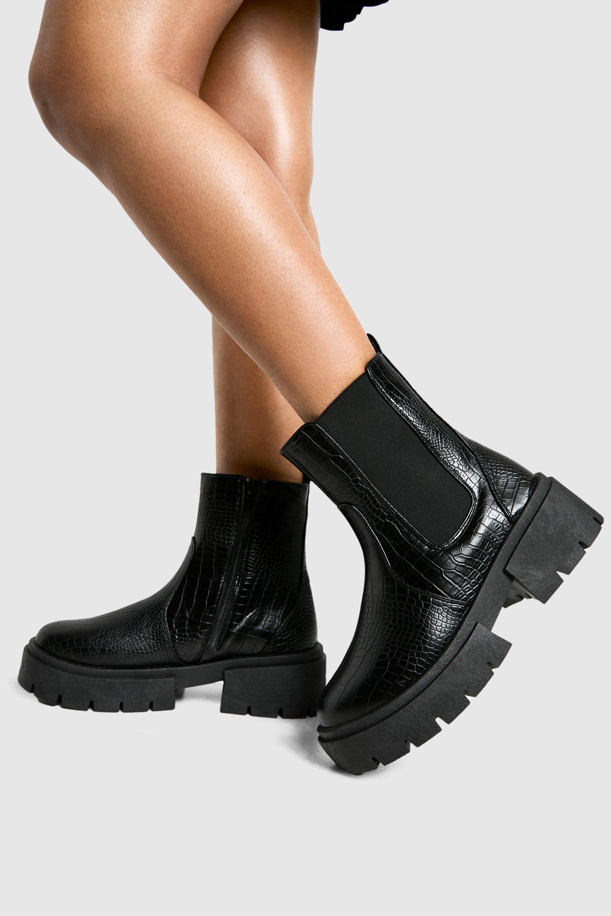 Boohoo Brede Stevige Krokodillen Chelsea Boots, Black