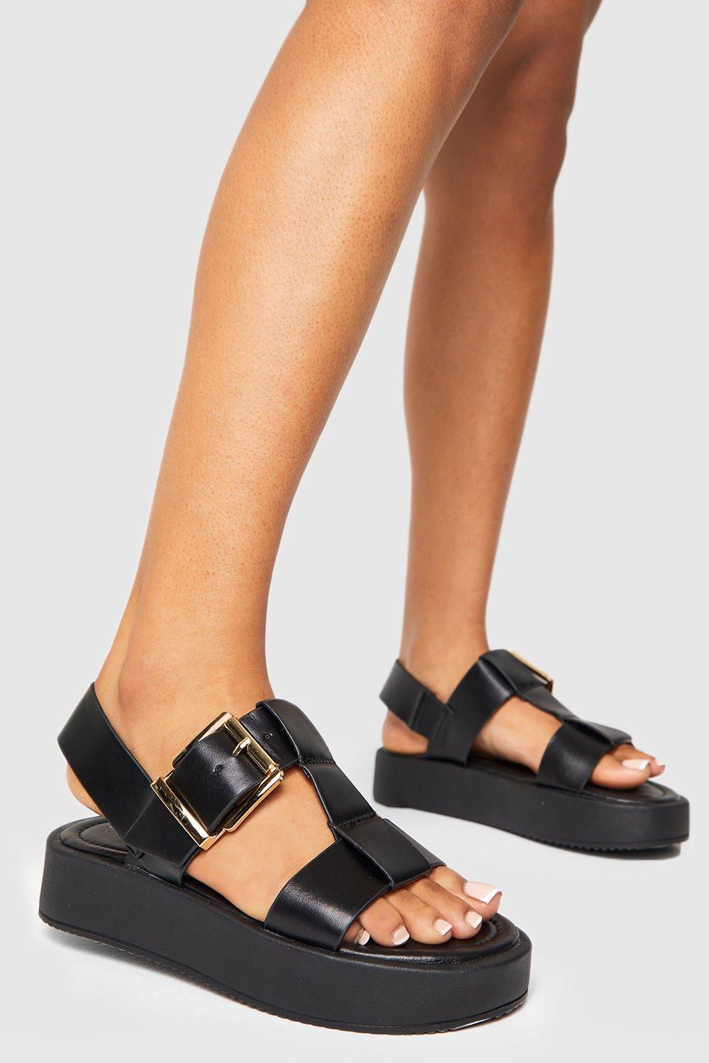 Boohoo Brede Dikke Sandalen Met Plateauzool En Gesp, Black