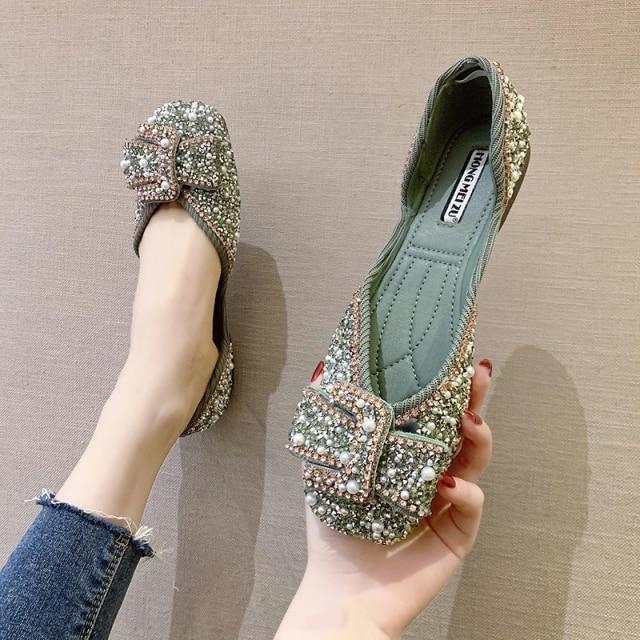 SORYUEe Vrouwen Ballet Flats Crystal Diamond Jurk Flats Dames Single Schoenen Strass Glitter Vierkante Teen 35 zwart