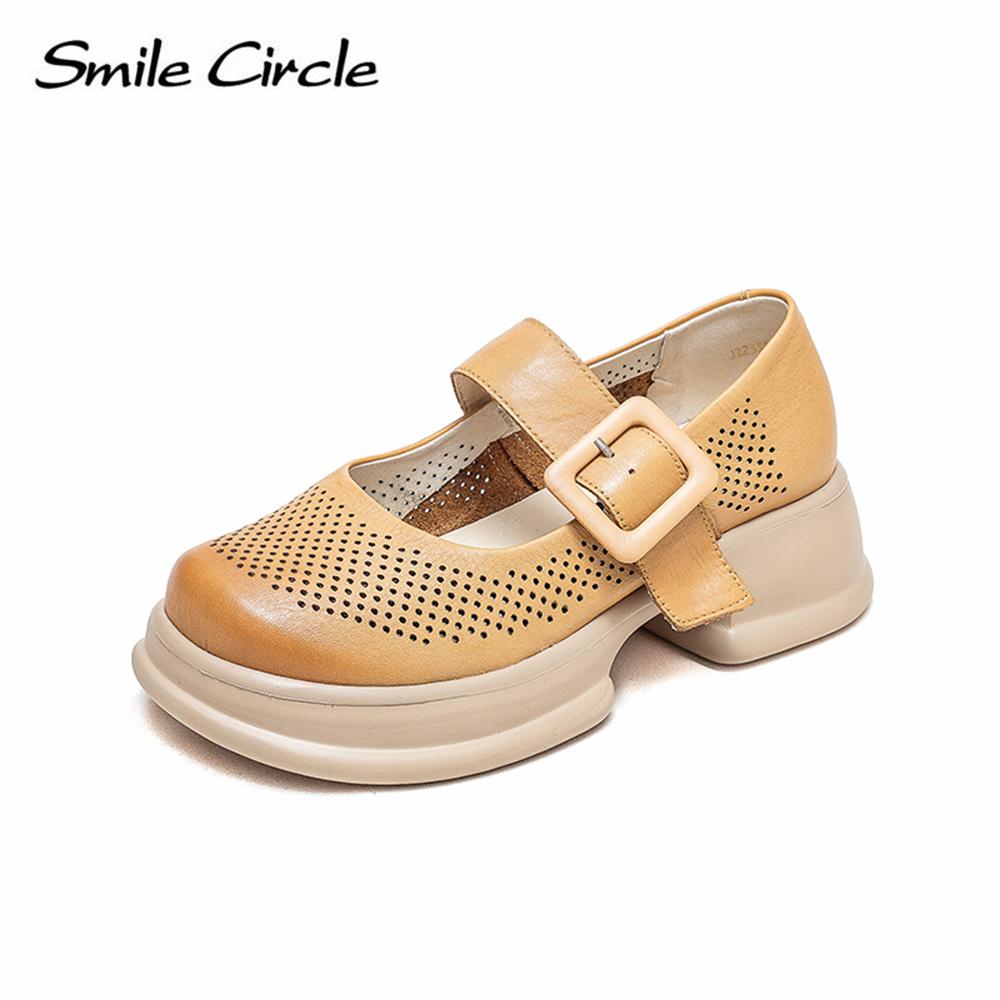 Smile Circle Echt leer Mary Jane vrouwen sandalen ronde teen holle platte schoenen gesp mode dames casual schoenen 38 geel