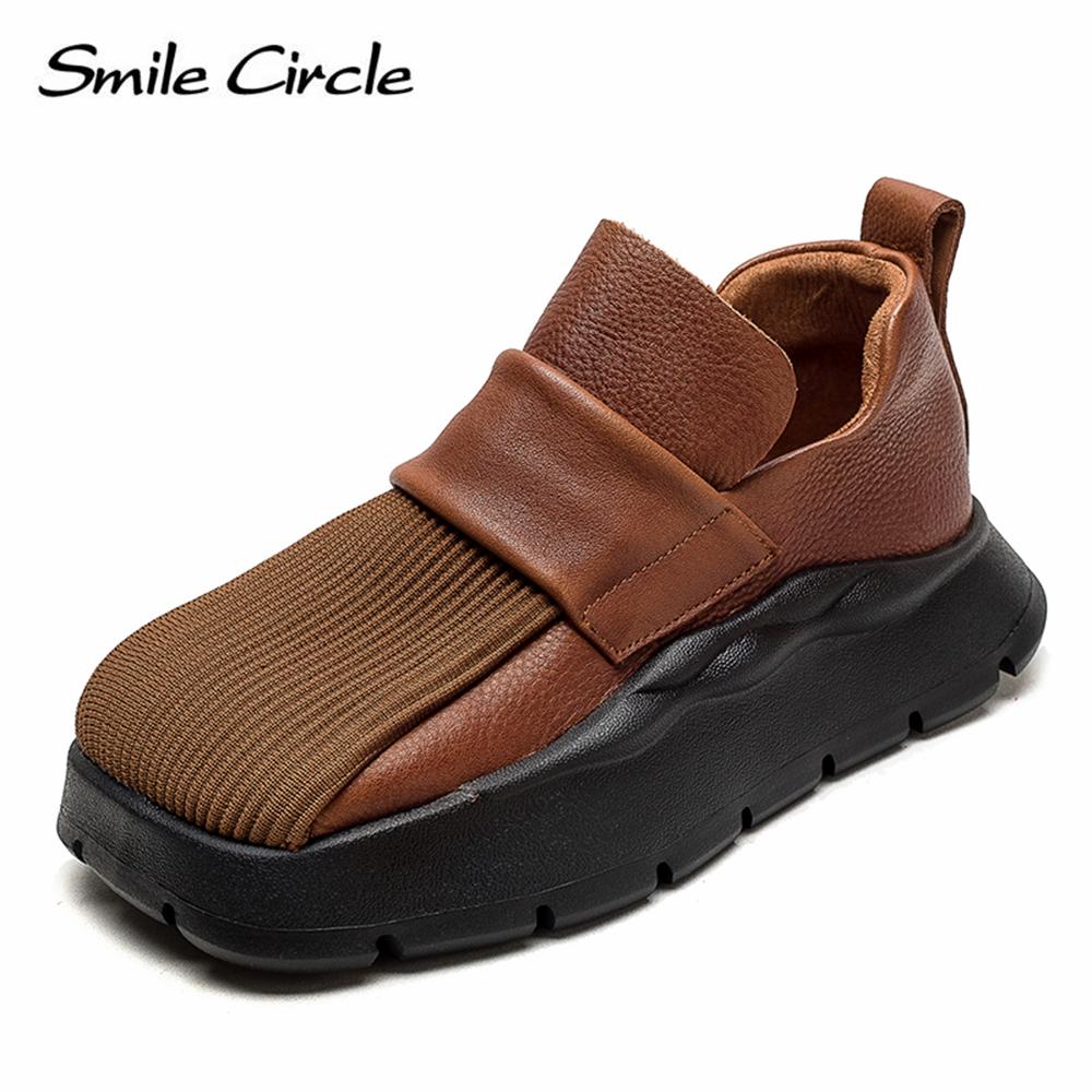 Smile Circle Echt leer dames platte schoenen vierkante neus instapper lage schoenen mode retro casual schoenen 35 bruin