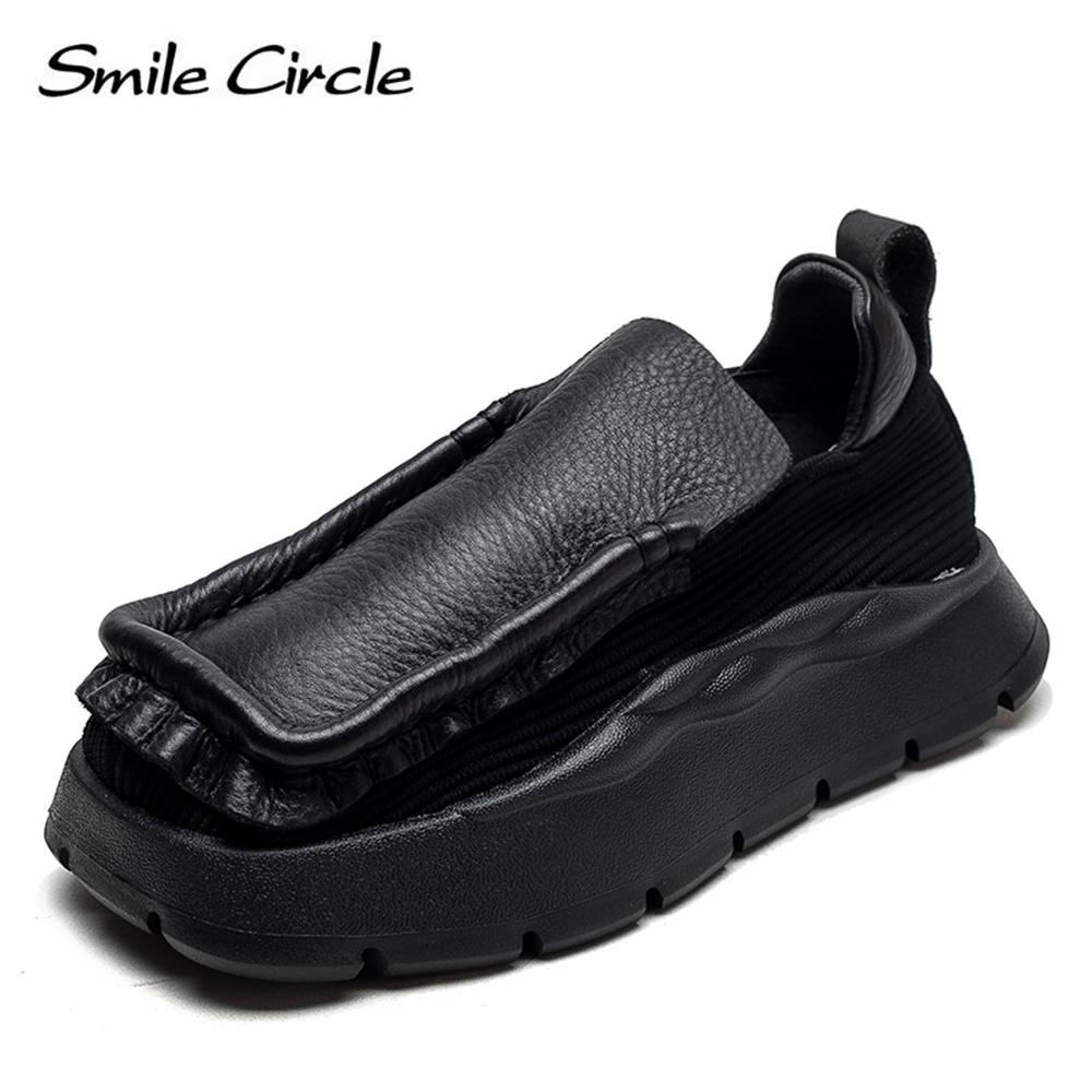 Smile Circle Echt leer dames platte schoenen vierkante neus instapper lage schoenen mode comfortabele vrijetijdsschoenen 35 zwart