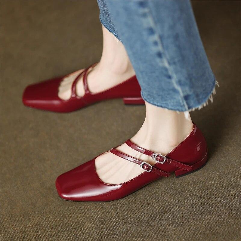 Meotina Dames Echt Leer Mary Janes Vierkante Teen Flats Gesp Schapenvacht Dame Mode Casual Schoenen Lente Herfst Zwart Zilver 34 zwart