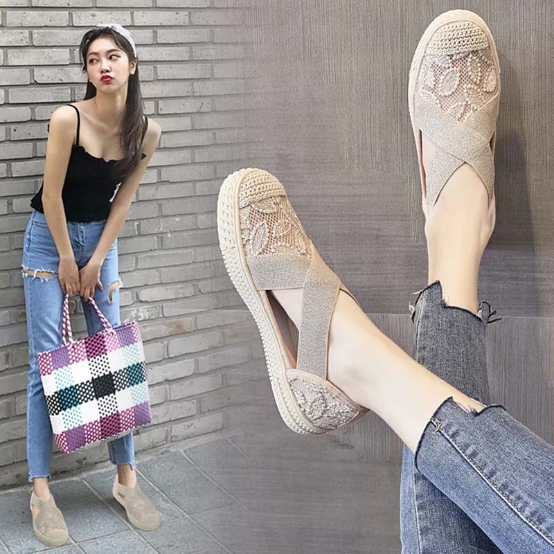 SpeakHero Holle platte sandalen Damesschoenen van stof met hoge hakken Mesh geborduurde canvas schoenen Eenvoudige casual stijl Lente en zomer 35 abrikoos