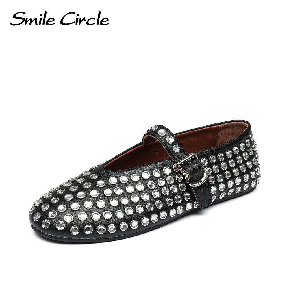 Smile Circle Damesballerina's in strass lamsvacht bling Mary Jane dame mode lederen platte schoenen Alaia stijl 36 wit