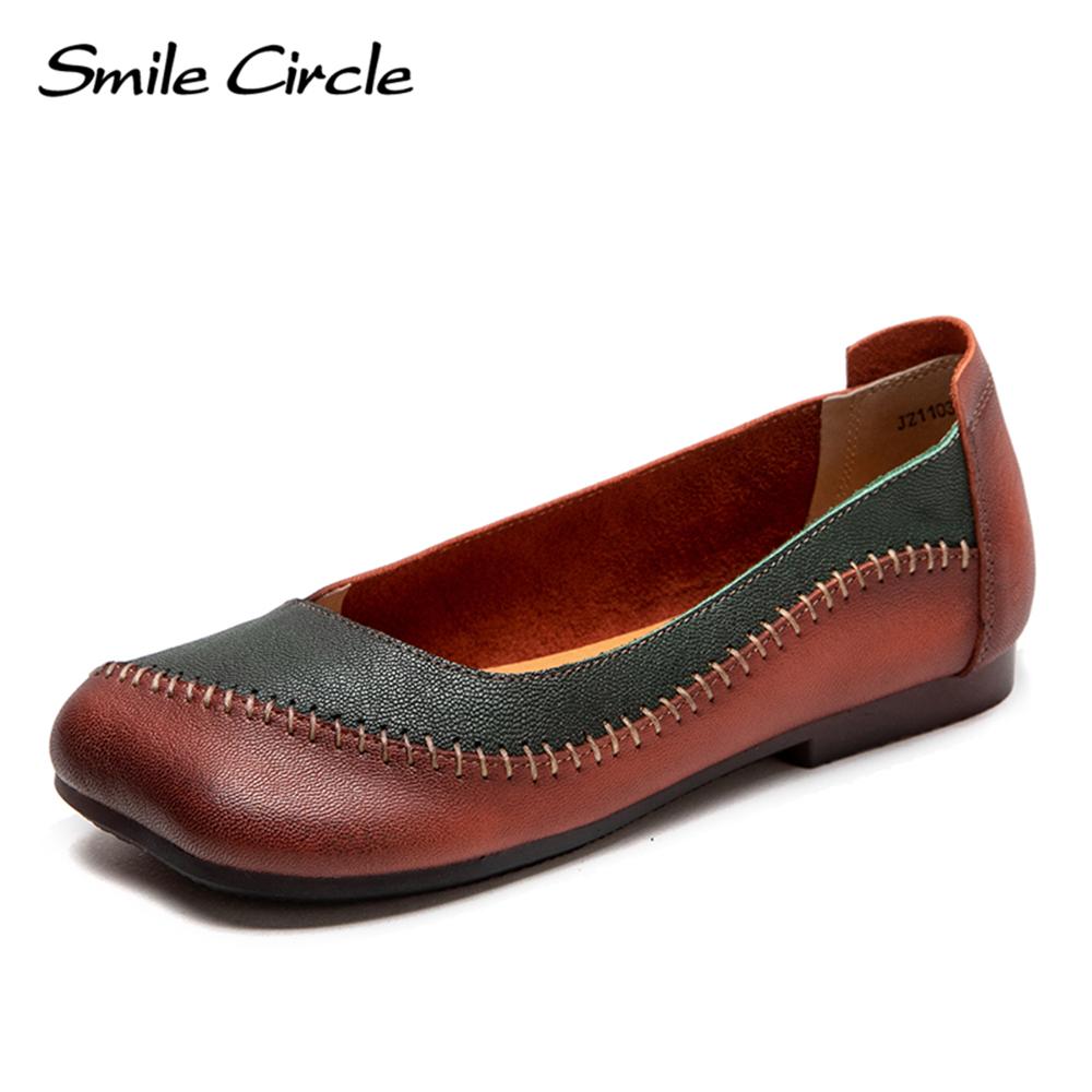 Smile Circle Echt leer Dames Platte schoenen Ronde kop Zachte bodem Sandalen Mode Comfortabele vrijetijdsschoenen 35 groen