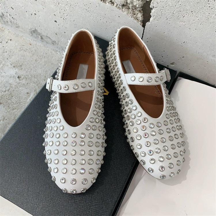 KUALOOL SHOES Stijlvolle Mary Jane mode platte damesschoenen met studs en kristal, casual zacht leer, comfortabele damesschoenen 35 zwart