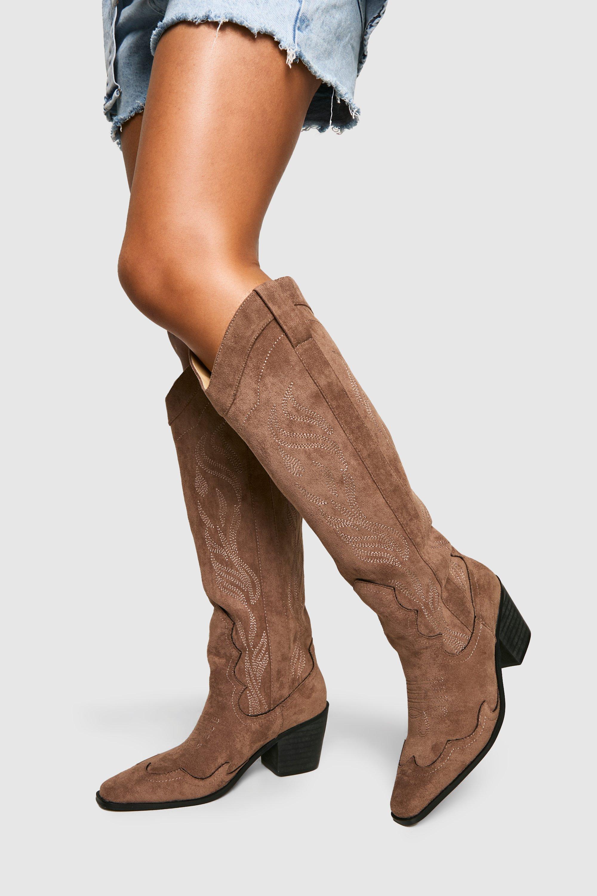 Boohoo Cowboy Knielaarzen Met Hak, Brown