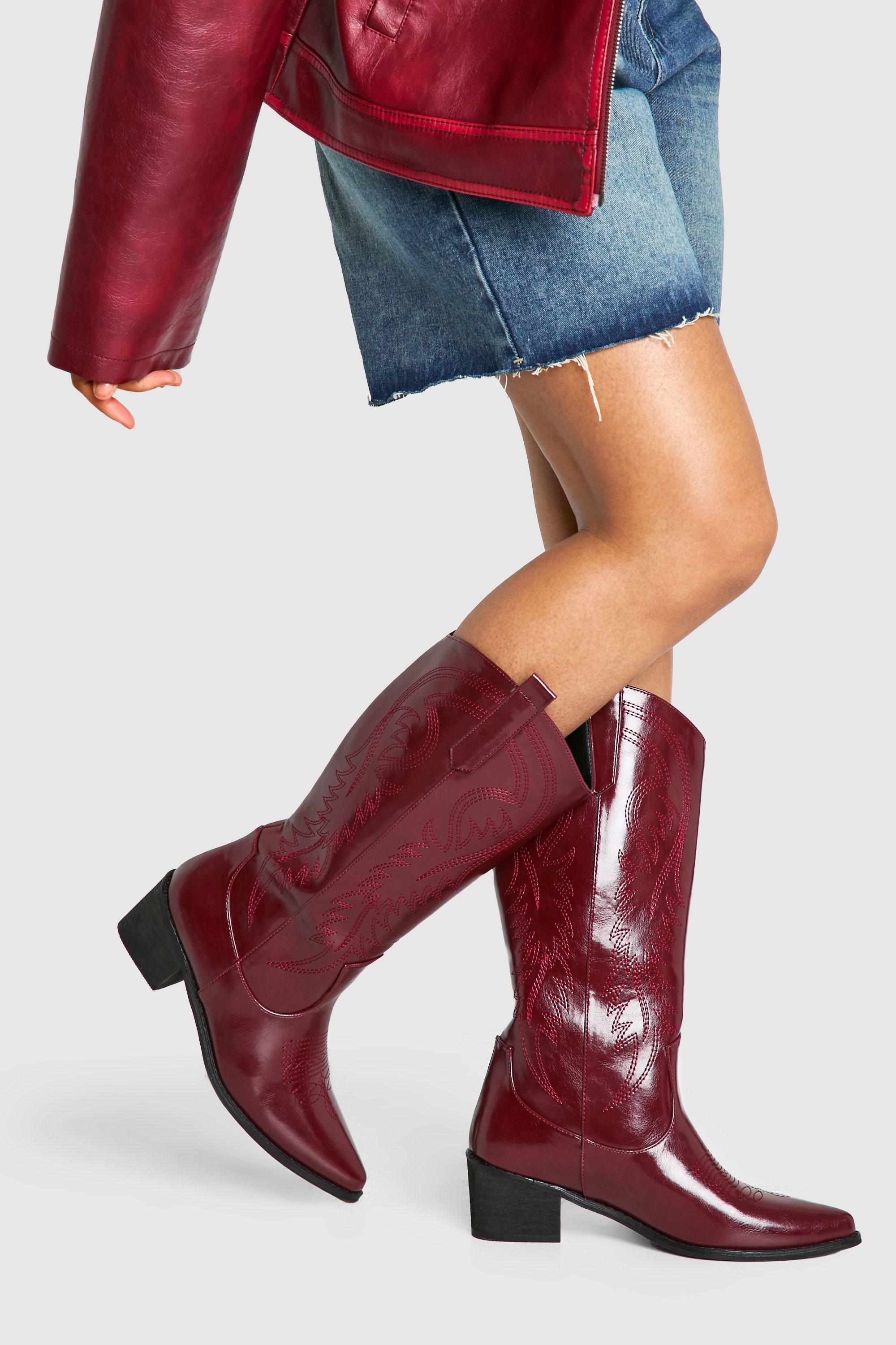 Boohoo Geborduurde Cowboylaarzen Met Vintage Kuit Detail, Oxblood