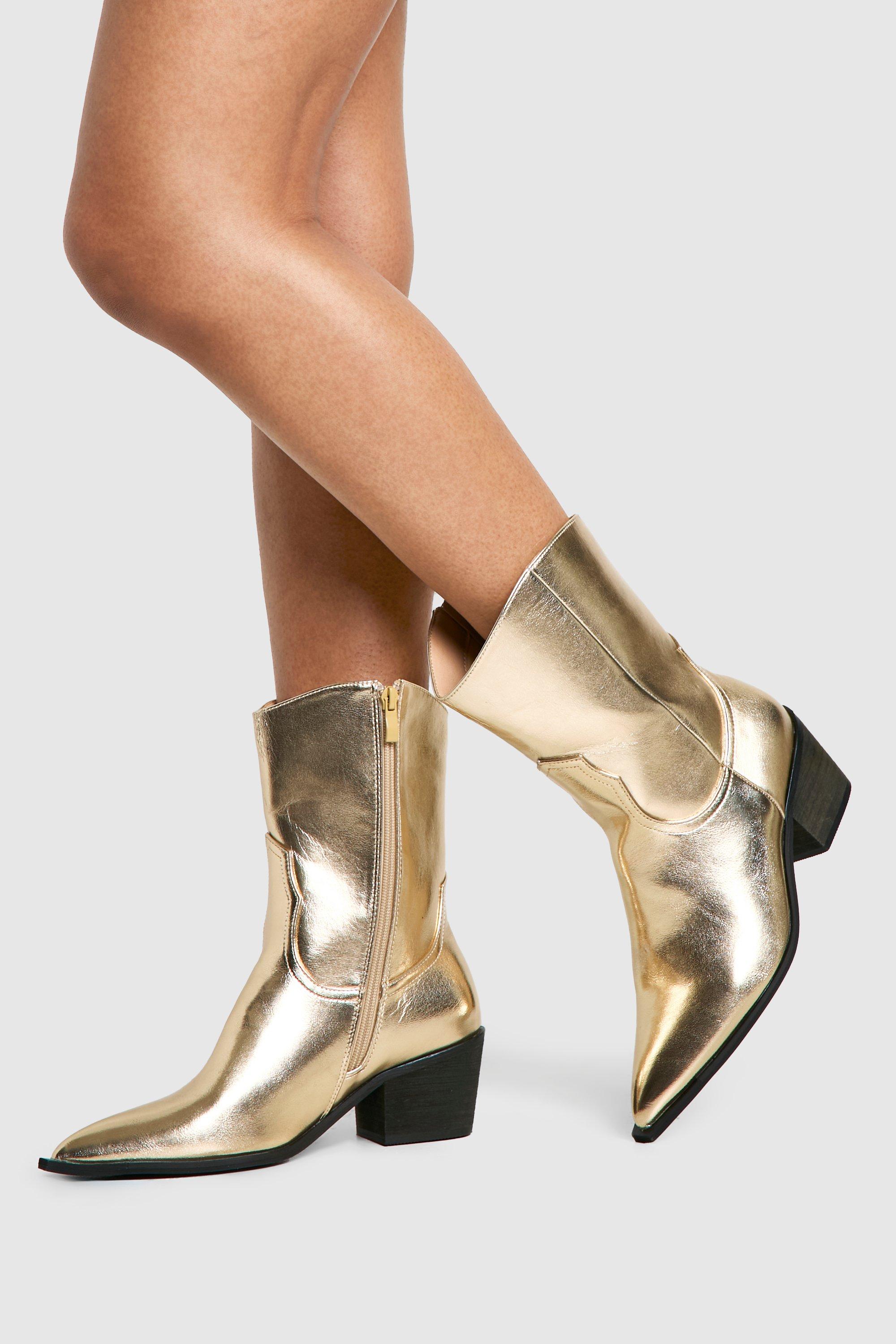 Boohoo Brede Metallic Cowboy Enkellaarzen, Gold