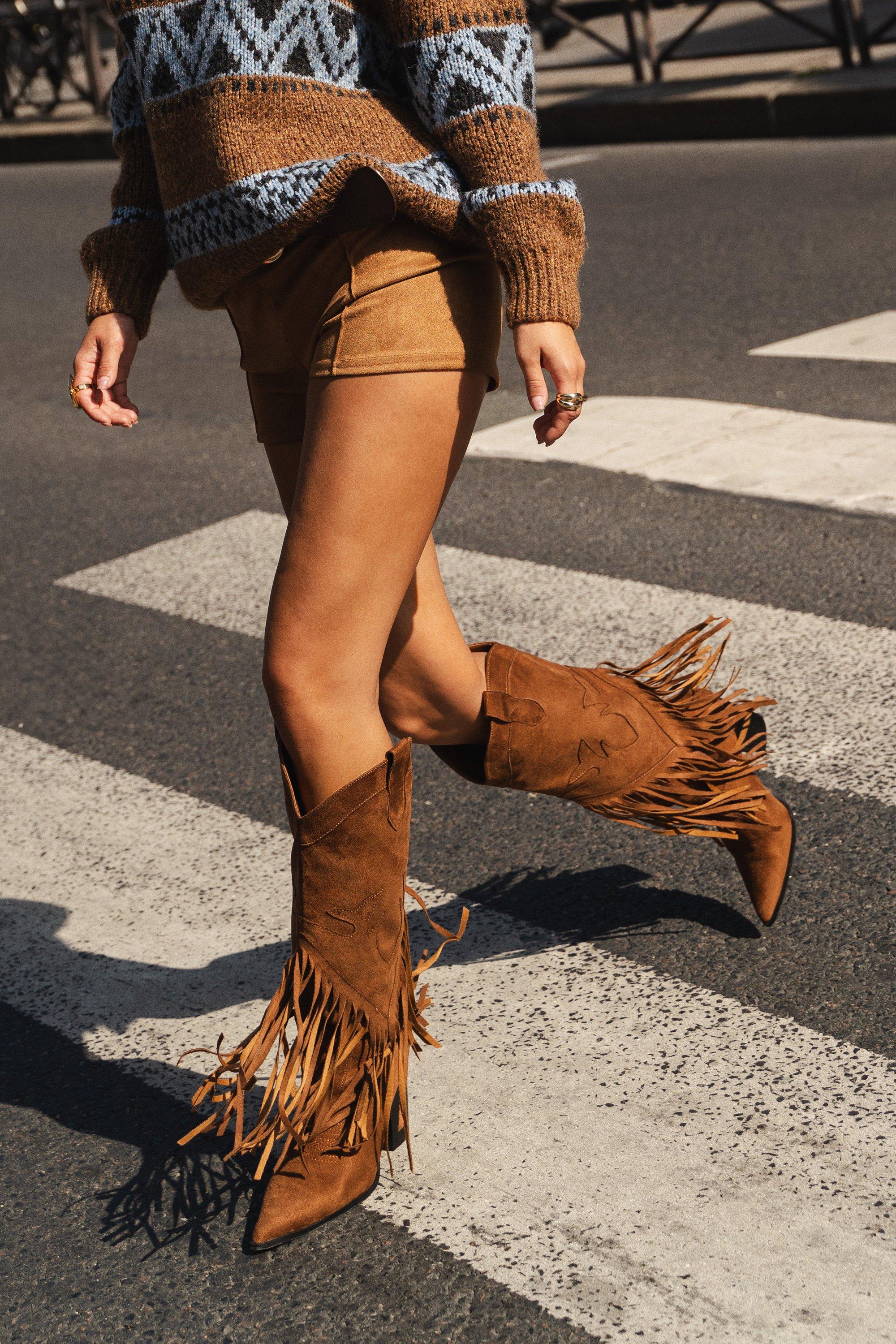 Boohoo Western Cowboylaarzen Met Kwastjes En Vintage Look, Taupe