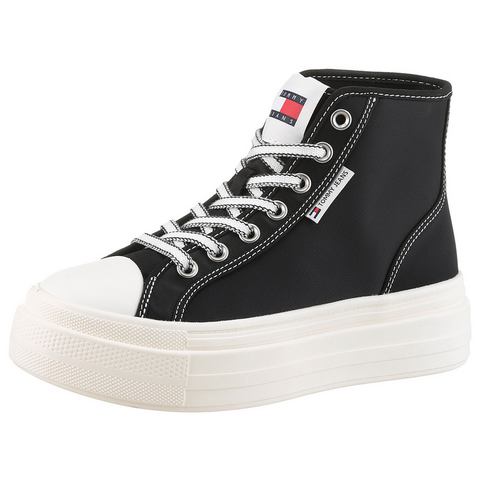 TOMMY JEANS Plateausneakers TJW FOXING FLATFORM SNEAKER HIGH freizeitschoen, veterschoenen, high top sneaker met contraststiksels