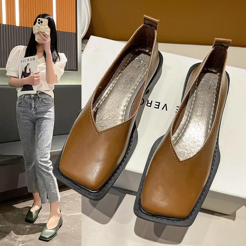 SHIZI Platte schoenen Dames Vierkante neus Enkel schoenen Eenvoudig temperament Leren schoenen Lente Herfst 35 bruin