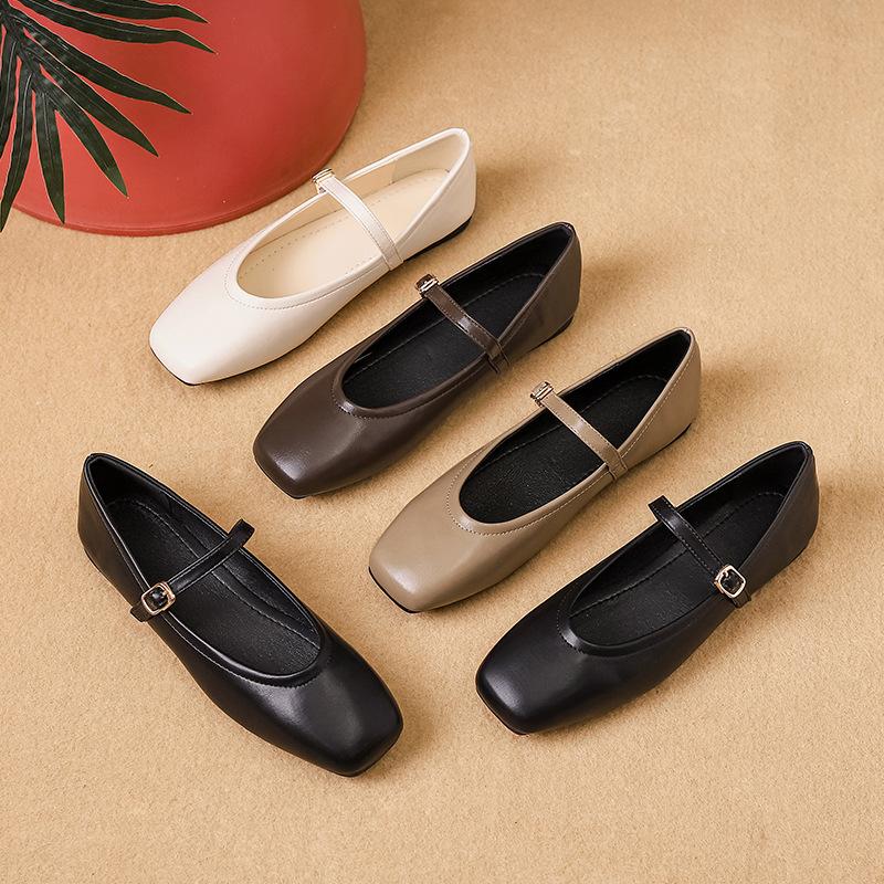 Umsif Mary Jane schoenen voor vrouwen Lichtgewicht vierkante gesloten teen flats Casual ballerina's Comfortabele enkelband flats voor dames Slip-on werk nette platte schoenen 35 wit