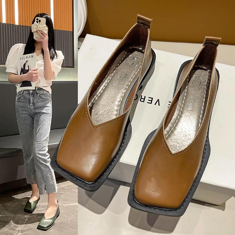 Shoes Family Platte schoenen Dames Vierkante neus Enkel schoenen Eenvoudig temperament Leren schoenen Lente Herfst 4 kleuren 35