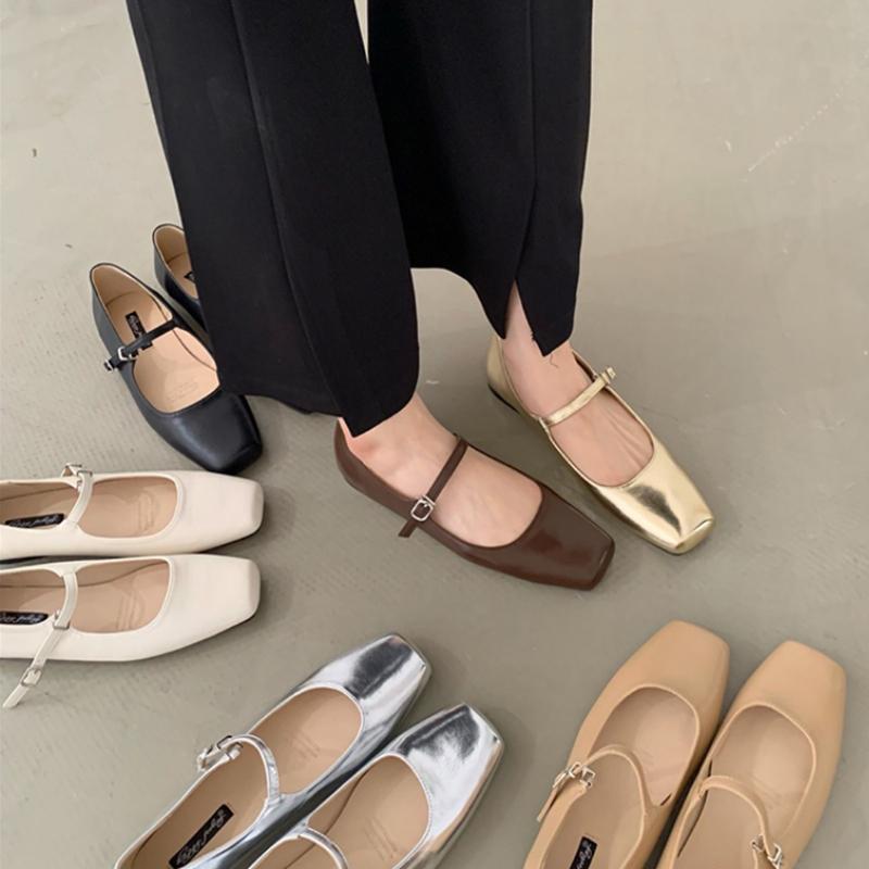AC77AJ Antumn Square Toe Balletschoenen Mode Lage Hak Mary Jane Schoenen Casaul Zilveren Ondiepe Gesp Zachte Zool Schoenen 35 abrikoos