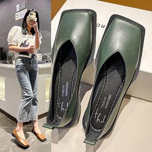 Yoghurt Platte schoenen Dames Vierkante neus Enkel schoenen Eenvoudig temperament Leren schoenen Lente Herfst 4 kleuren 35 groen