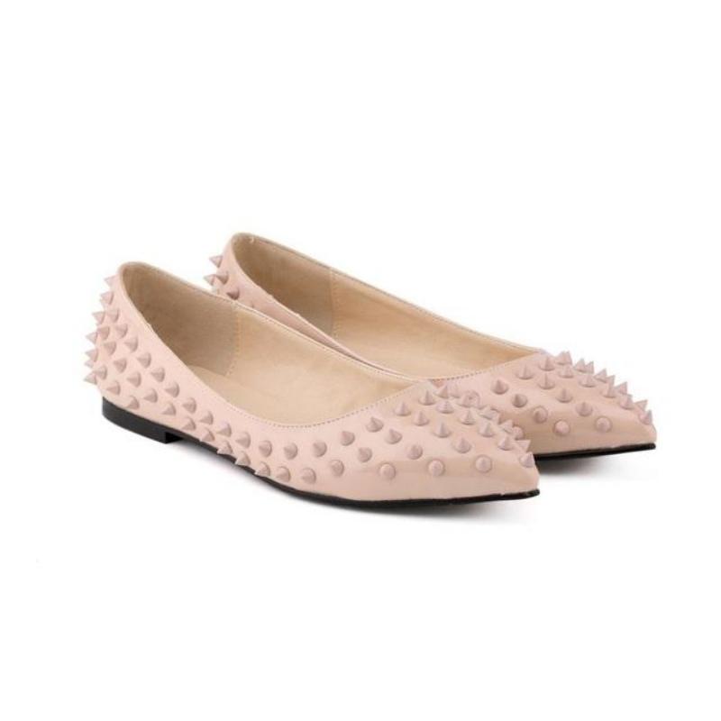 Fuwu1758 LOSLANDIFEN Dames Dames Luxe Sexy Puntige Teen Kunstleer Patent Flats Dolly Ballet Rivets Court Schoenen 35 wit