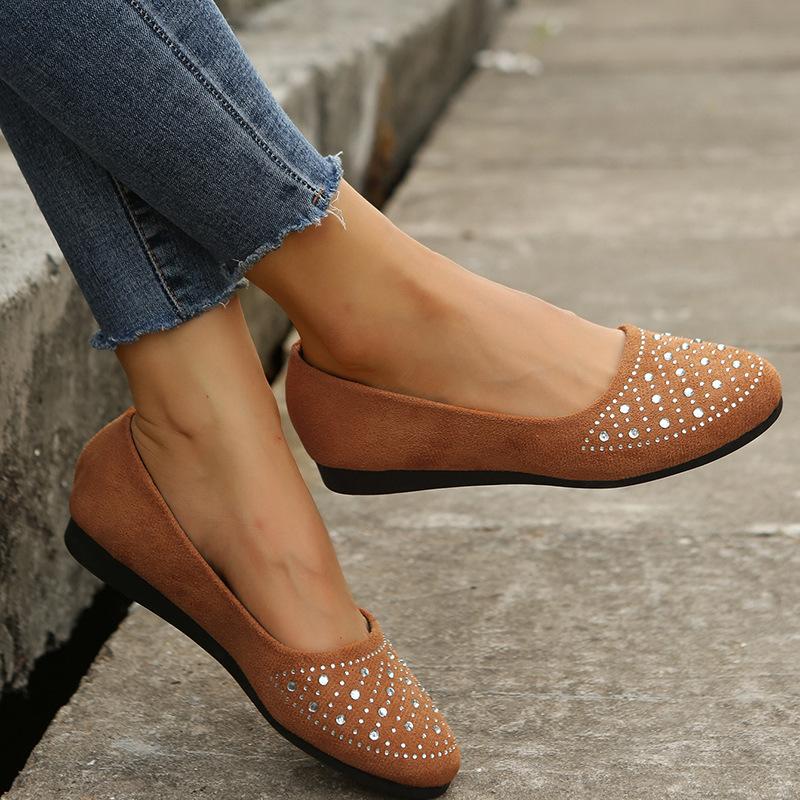 AAFFLL SHOES Dames Zomer Buitenschoenen Grote Maat Plat Met Ondiepe Mond Moederschoenen Platte Bodem Strass Ronde Kop Enkele Schoenen 35 zwart