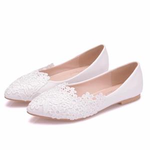Best Shoe Boutique 2024 Zomer Ballet Flats Wit Kant Nieuwe Strapless Dames Jurk Hakken Zoete Dame Trouwschoenen Platte Lage Hakken Casual 34 wit