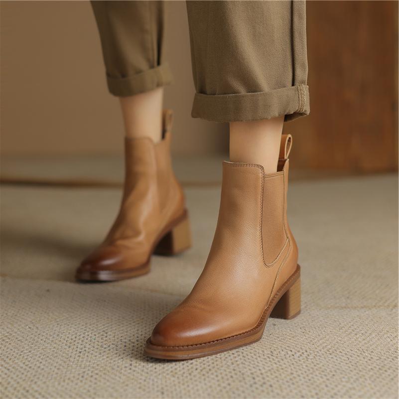 Meotina Vrouwen Echt Leer Enkel Korte Laarzen Ronde Neus Dikke Mid Hakken Chelsea Laarzen Dame Mode Schoenen Winter Zwart Bruin 40 34 zwart