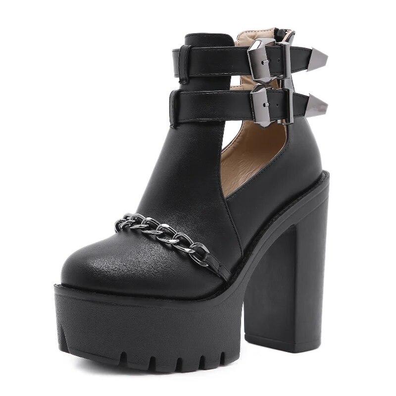 FEOOE PUZZLE 13 cm Hakken 2024 Grote Klinknagel Ketting ONS Nieuwe Dikke Bodem Waterdichte Platform Schoenen Dikke Hoge Hakken Korte Laarzen Lhx 35 zwart