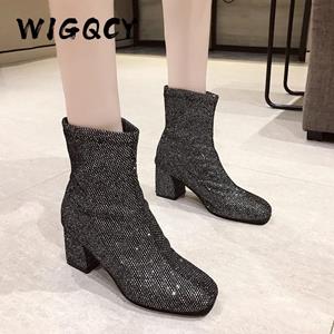 Best Shoe Boutique Nieuwe laarzen dames korte pluche winter warme schoenen mode bling stretch stof zwarte enkellaarsjes slip-on sexy hoge hak laarzen 34