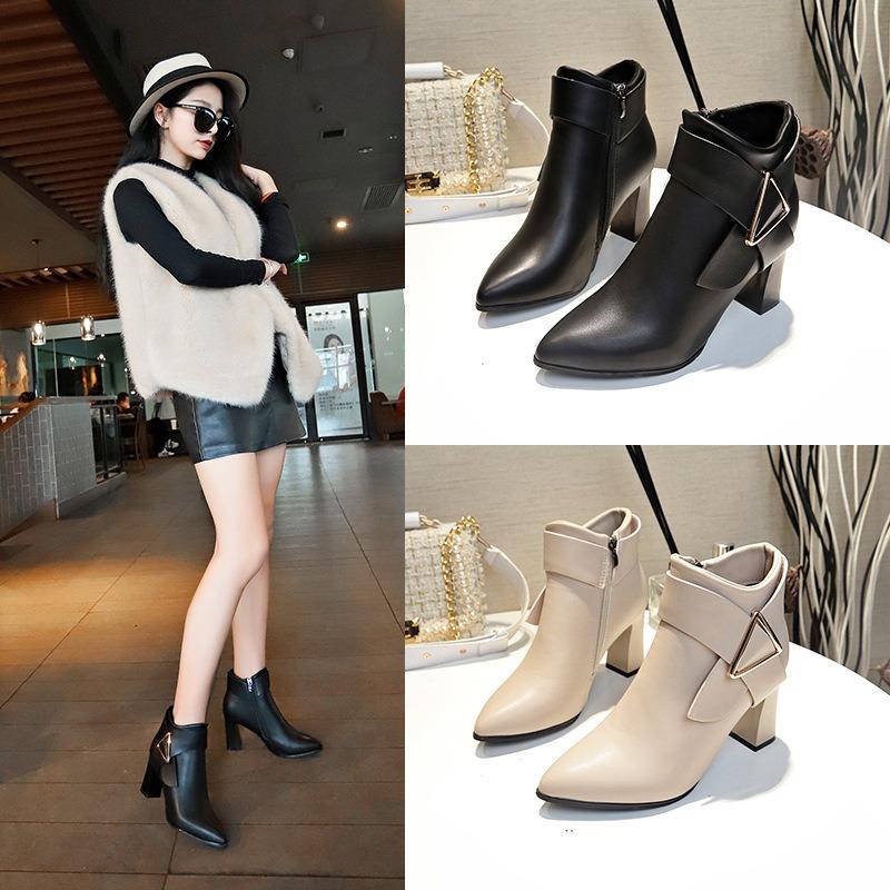 GtimeShoes Herfst en winter dikke hak puntige modieuze casual zijrits afslankende dameslaarzen 34 beige